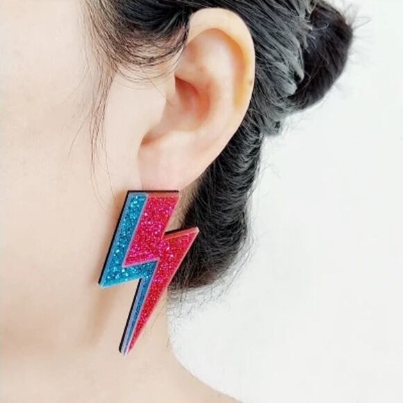 Retro 80's Blue and‎ Pink Glitter Lightning Bolt Statement Earrings - Picture 3 of 3